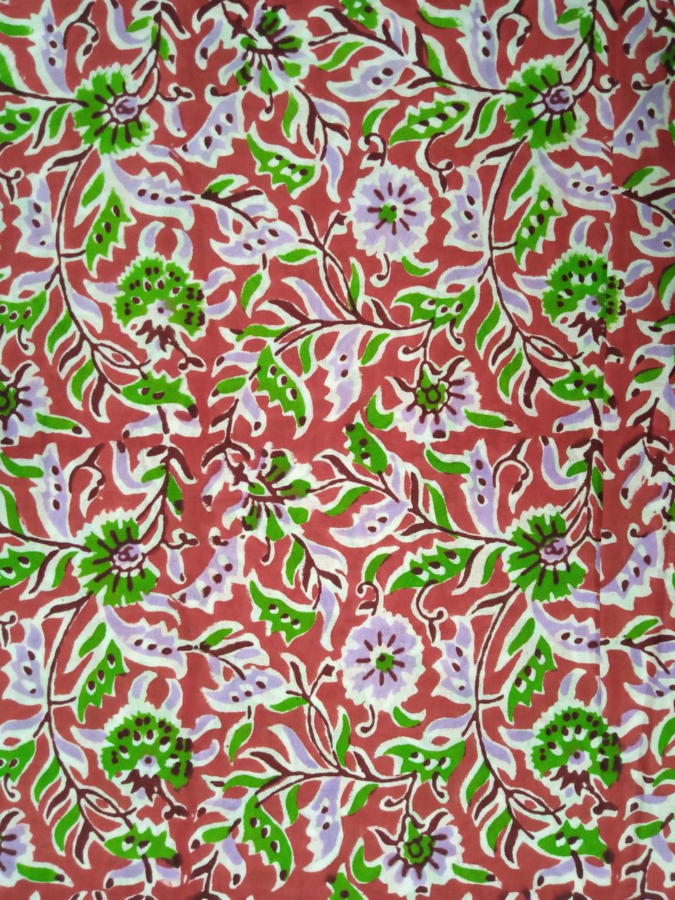 Red Kalamkari Print with Purple Florals Hand Block Printed Pure Cotton Fabric - JBR28