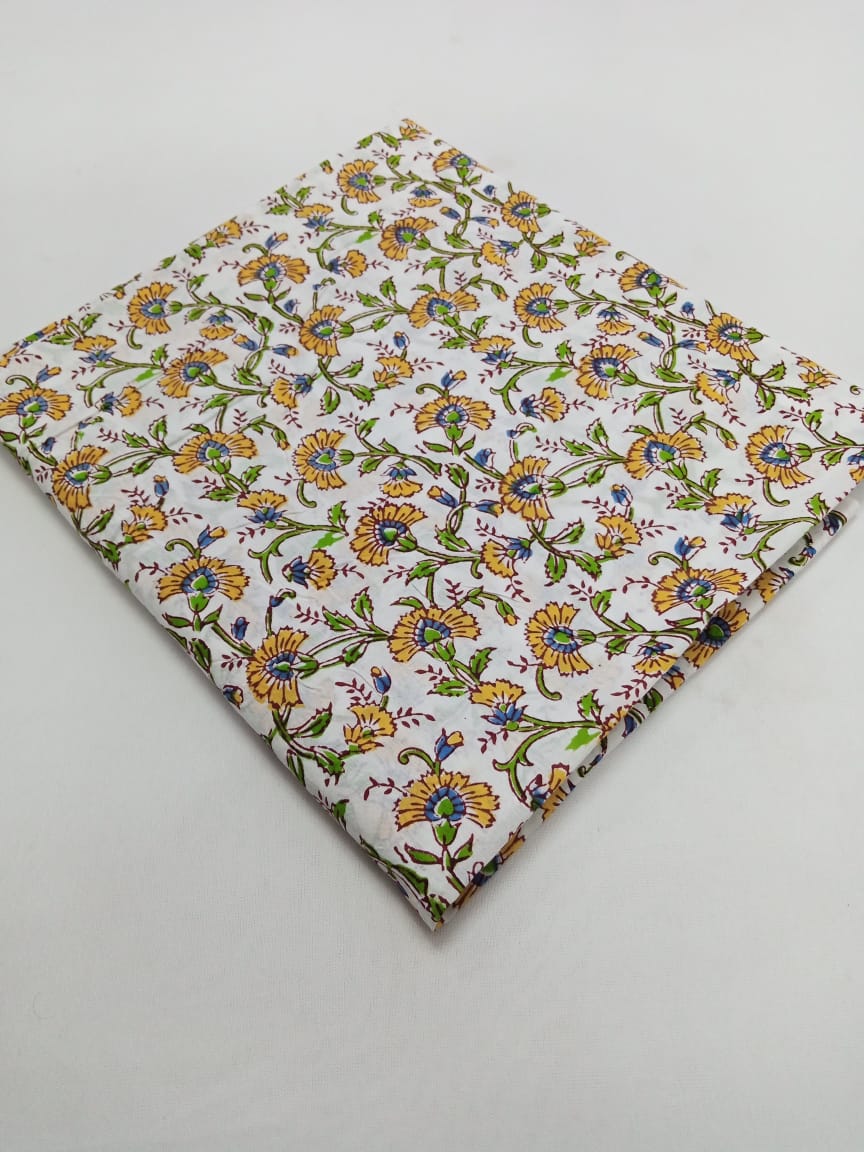 White Base Kalamkari Print Hand Block Pure Cotton Fabric - JBR32