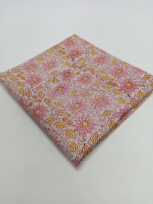 Beige Kalamkari Print with Pink Florals Pure Cotton Hand Block Fabric - JBR33