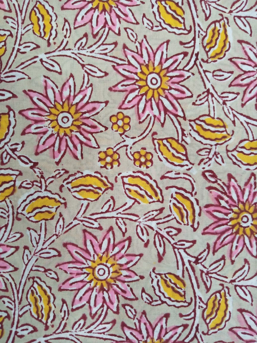 Beige Kalamkari Print with Pink Florals Pure Cotton Hand Block Fabric - JBR33