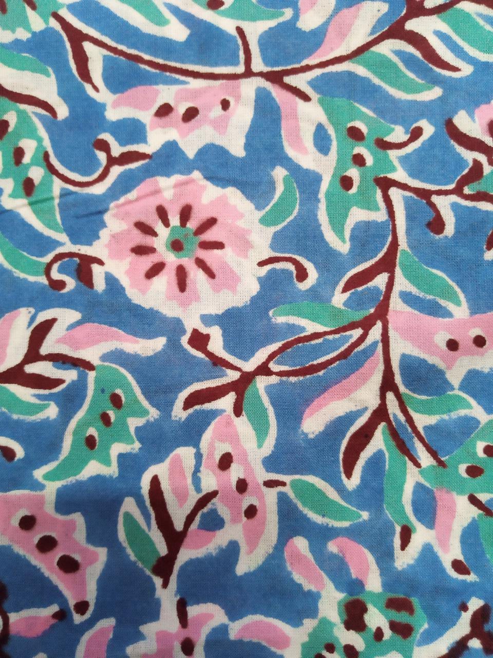 Blue Kalamkari Print Hand Block Pure Cotton Fabric - JBR34