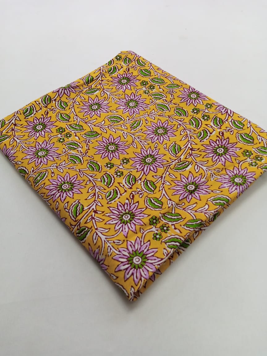 Yellow with Purple Florals Kalamkari Hand Block Printed Pure Cotton Fabric - JBR27