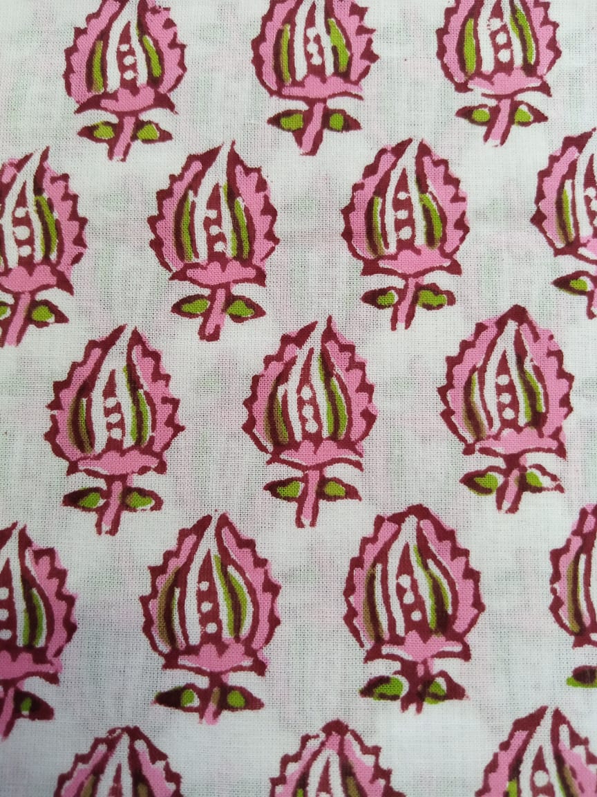 Pink and Green Small Buti Print Pure Cotton Hand Block Printed Fabric - JBR35