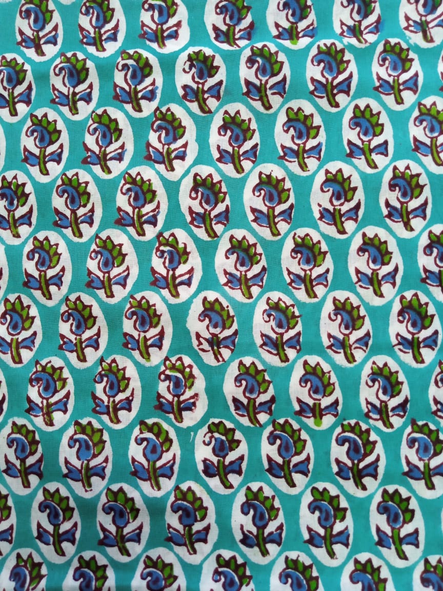 Sea Green Small Buti Pure Cotton Hand Block Printed Fabric - JBR24
