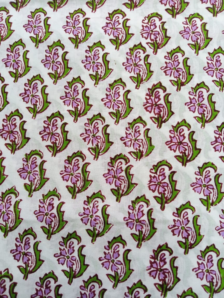 Purple and Green White Base Small Floral Buti Pattern Hand Block Printed Pure Cotton Fabric - JBR22