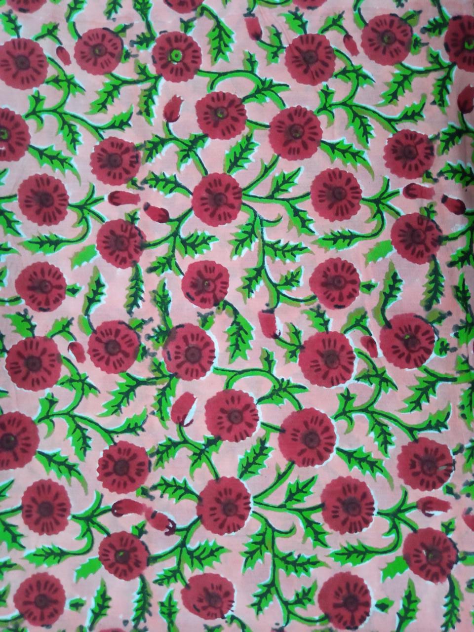 Peach with Red Florals Pure Cotton Hand Block Printed Fabric - JBR25