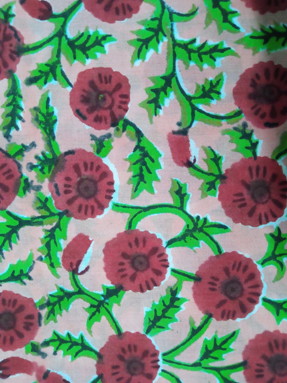 Peach with Red Florals Pure Cotton Hand Block Printed Fabric - JBR25