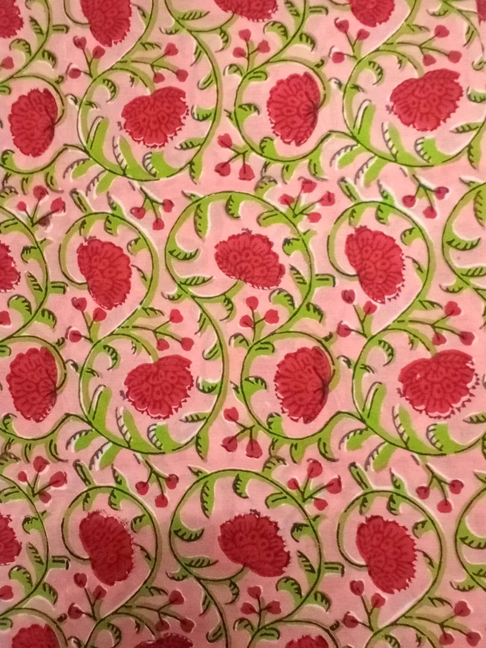 Peach with Red Florals Pattern Pure Cotton Hand Block Printed Fabric - JBR18