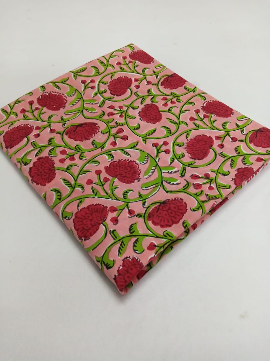Peach with Red Florals Pattern Pure Cotton Hand Block Printed Fabric - JBR18
