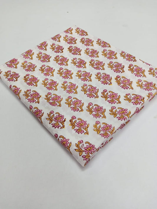 White Base Multi Colored Buti Hand Block Print Pure Cotton Fabric - JBR14