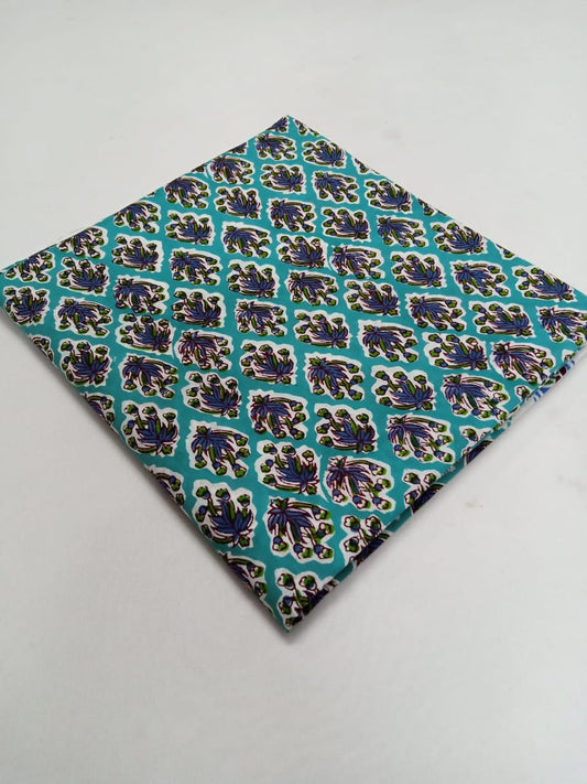 Sea Green Floral Buti Pure Cotton Hand Printed Fabric for Kurtis - JBR11