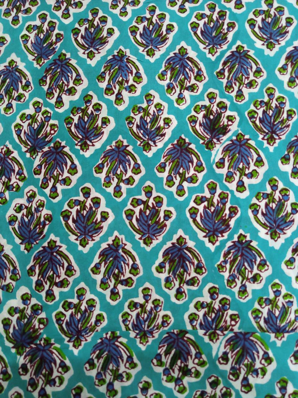 Sea Green Floral Buti Pure Cotton Hand Printed Fabric for Kurtis - JBR11