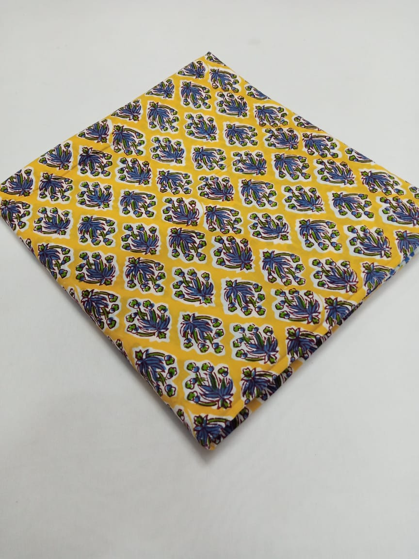 Yellow with Green & Blue Floral Buti Pattern Handblock Printed Pure Cotton Fabric - JBR10