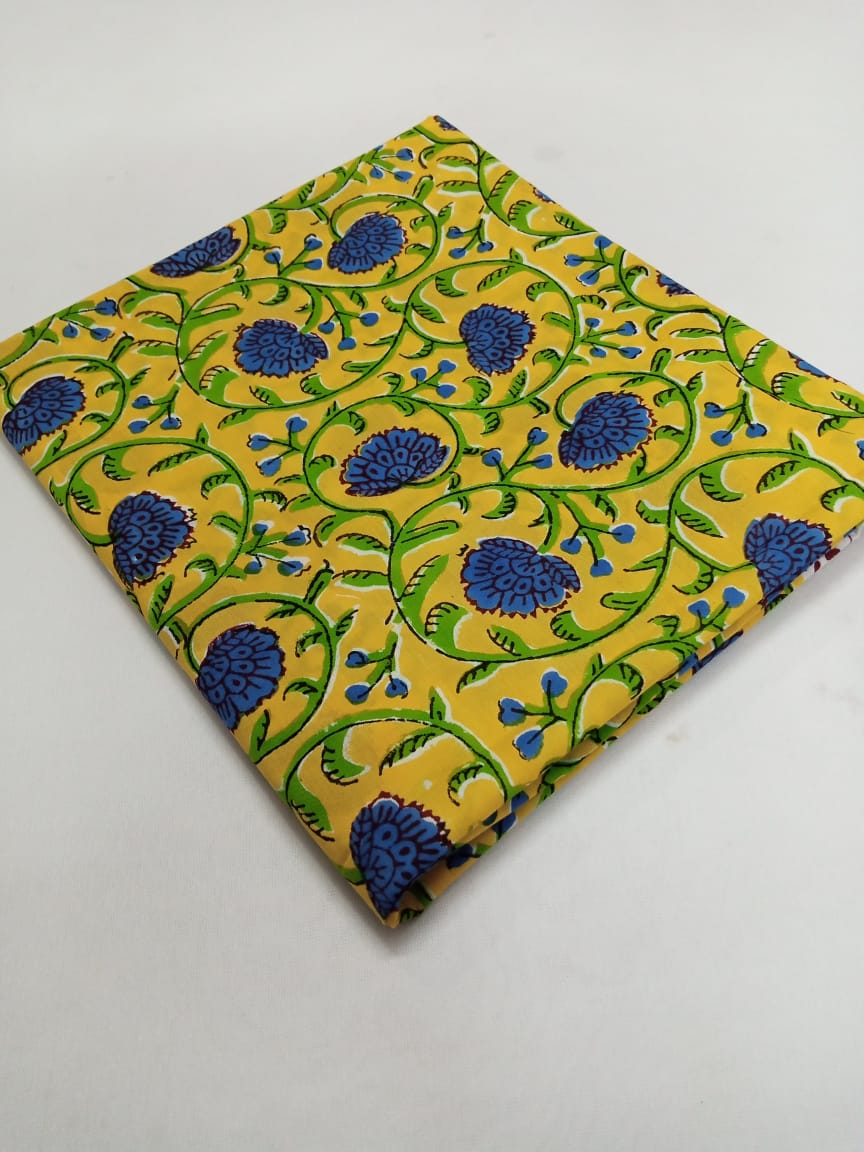 Bright Yellow with Blue Floral Print Hand Block Pure Cotton Fabric for Kurtis - JBR15