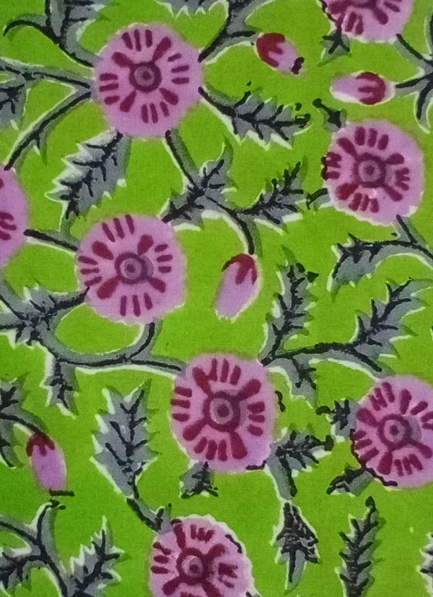 Green with Purple Floral Pattern Hand Block Printed Pure Cotton Fabric - JBR16