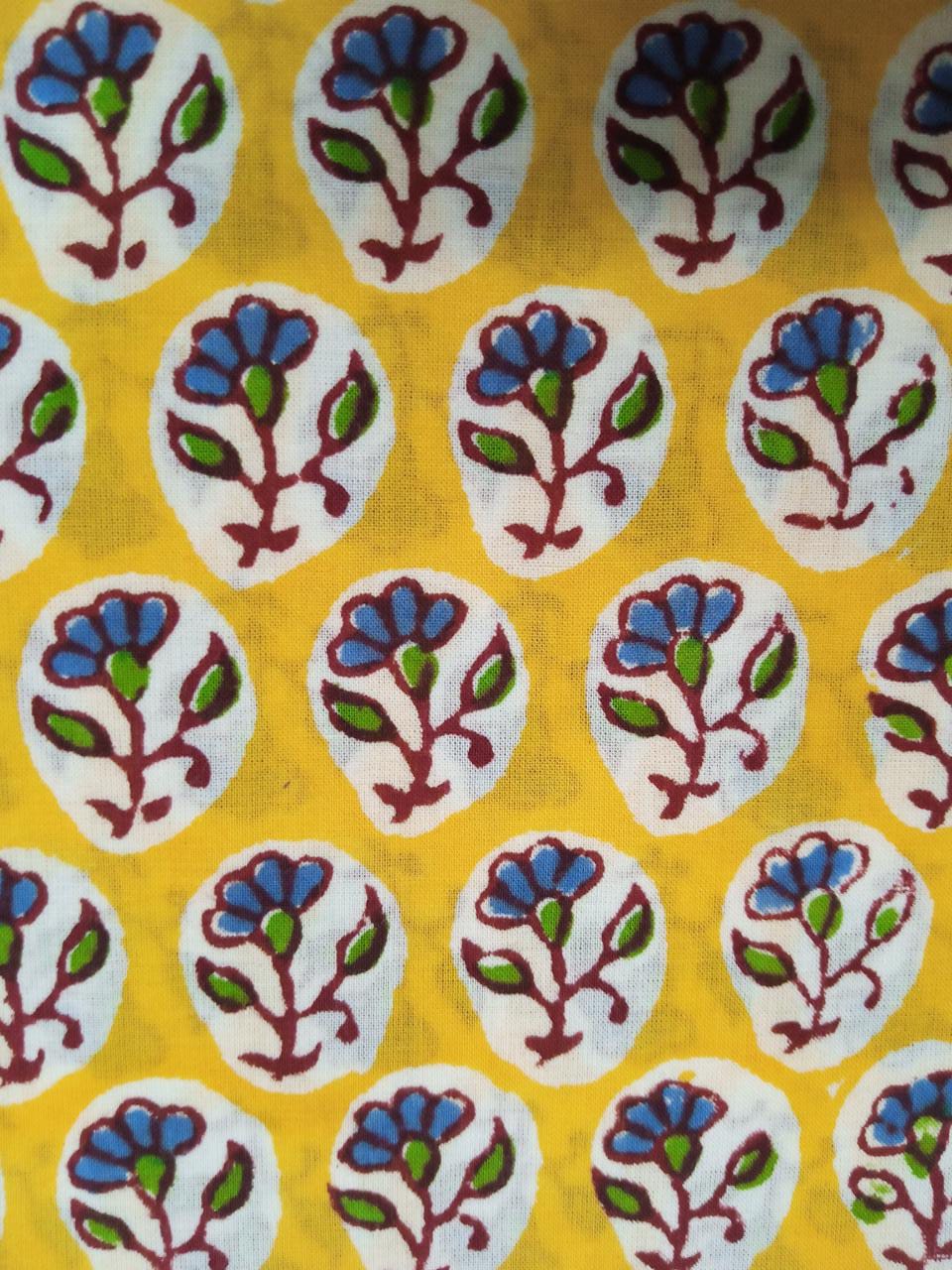 Yellow Small Floral Buti Pure Cotton Handblock Printed Fabric - JBR07