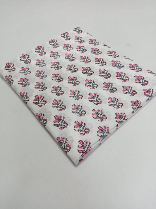 Pink & Sea Green Small Floral Buti Hand Block Printed Pure Cotton Fabric - JBR08