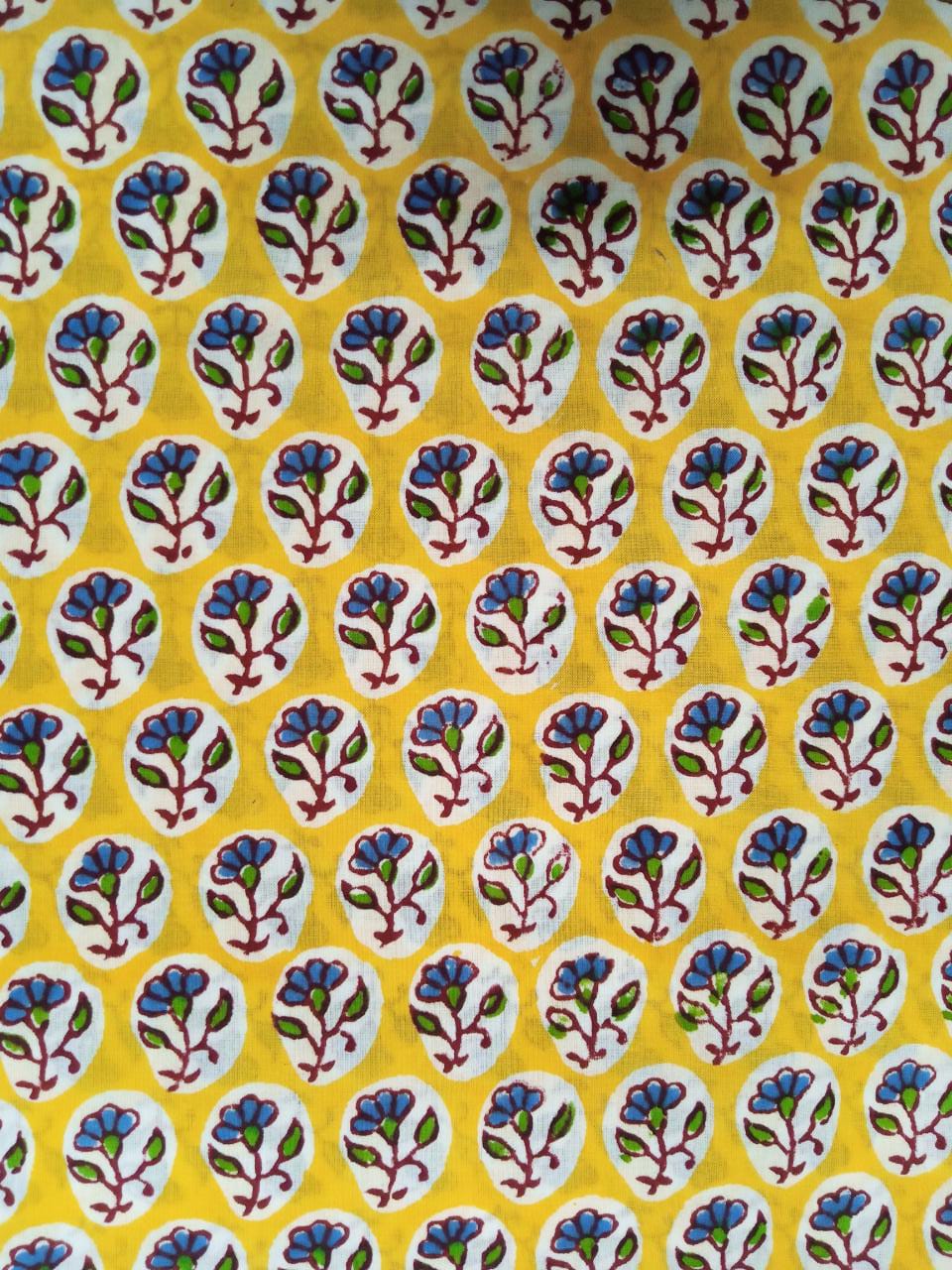 Yellow Small Floral Buti Pure Cotton Handblock Printed Fabric - JBR07