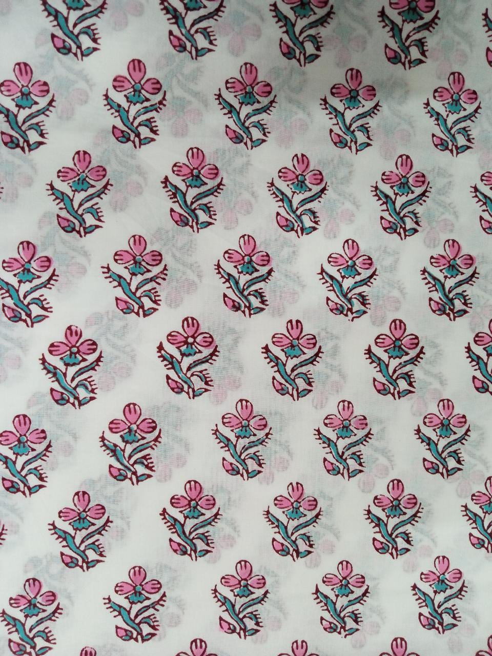 Pink & Sea Green Small Floral Buti Hand Block Printed Pure Cotton Fabric - JBR08