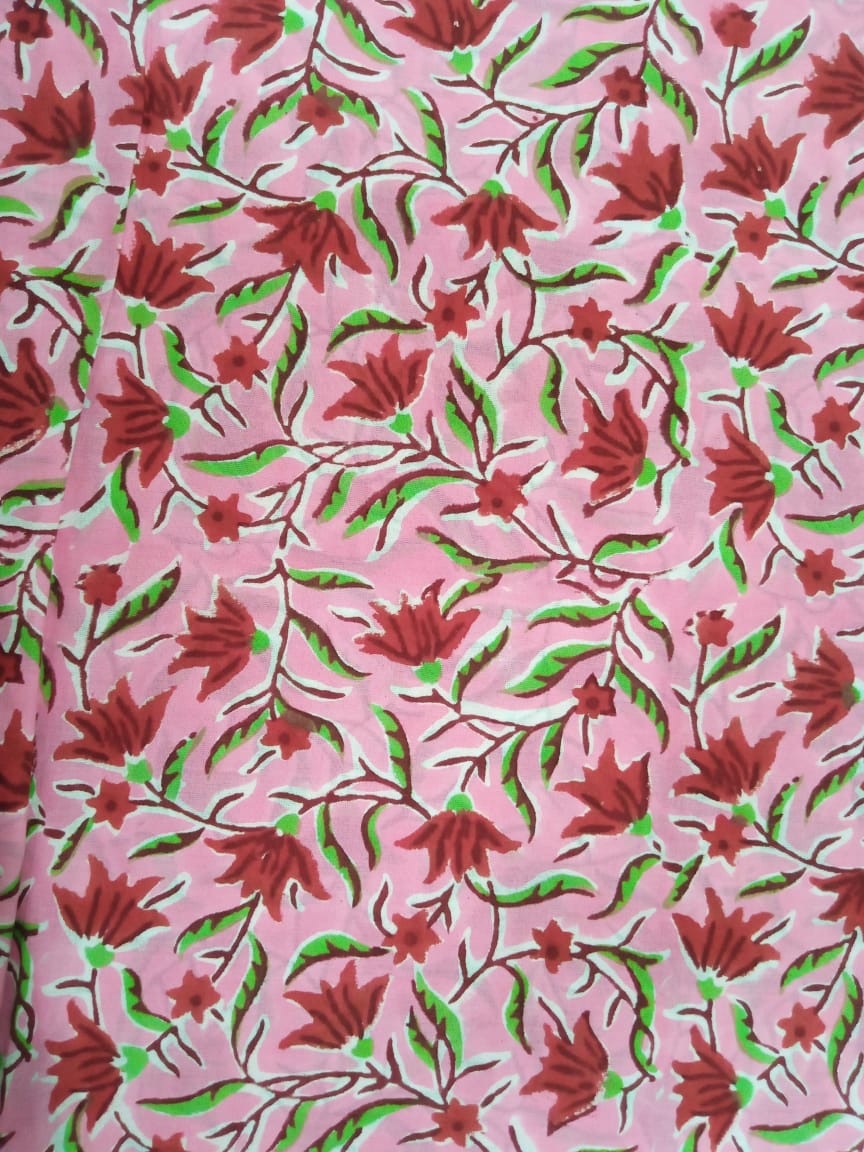 Pink Multi Color Floral Sanganeri Prints Hand Block Pure Cotton Fabric - JBR09