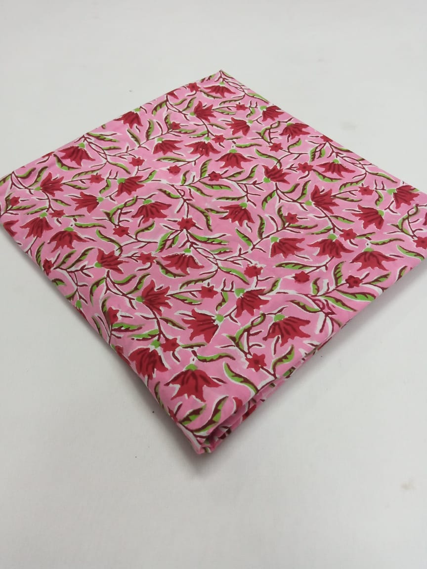 Pink Multi Color Floral Sanganeri Prints Hand Block Pure Cotton Fabric
