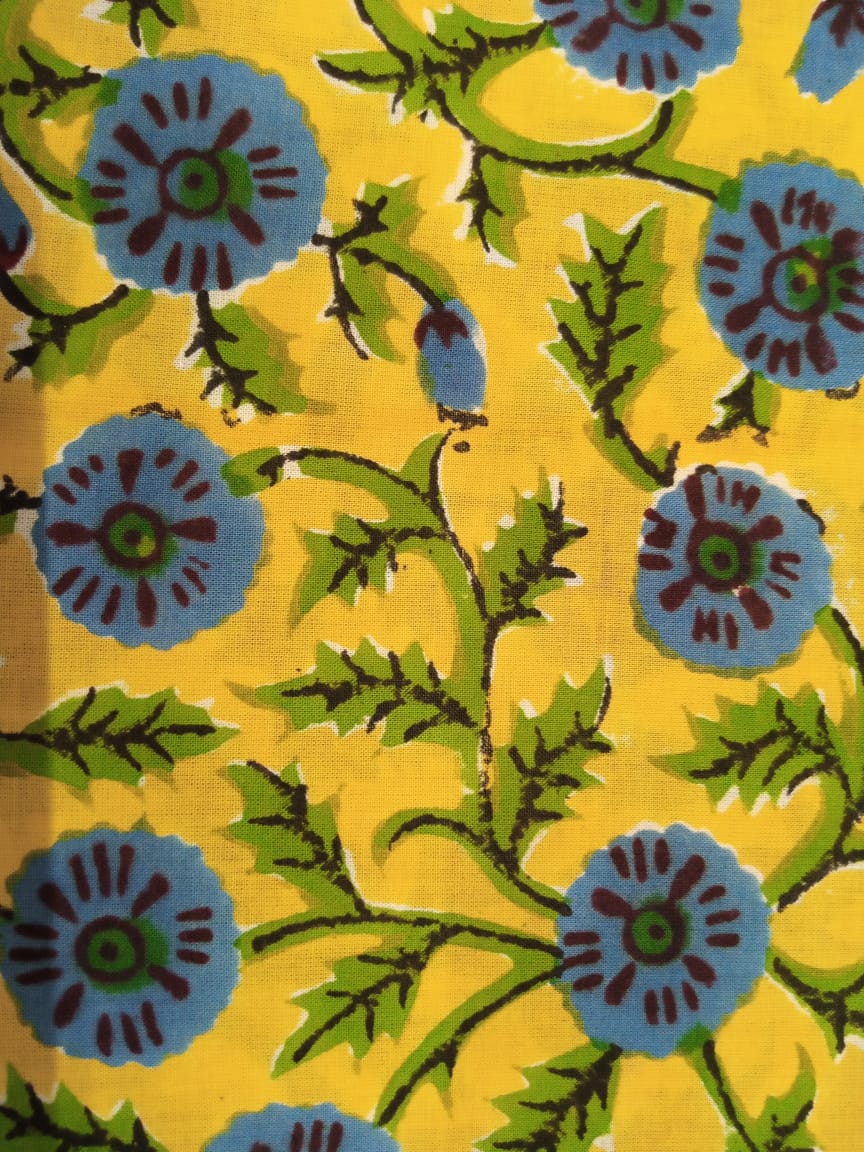 Yellow with Blue Floral Pattern HandBlock Printed Cotton Fabric - JBR20