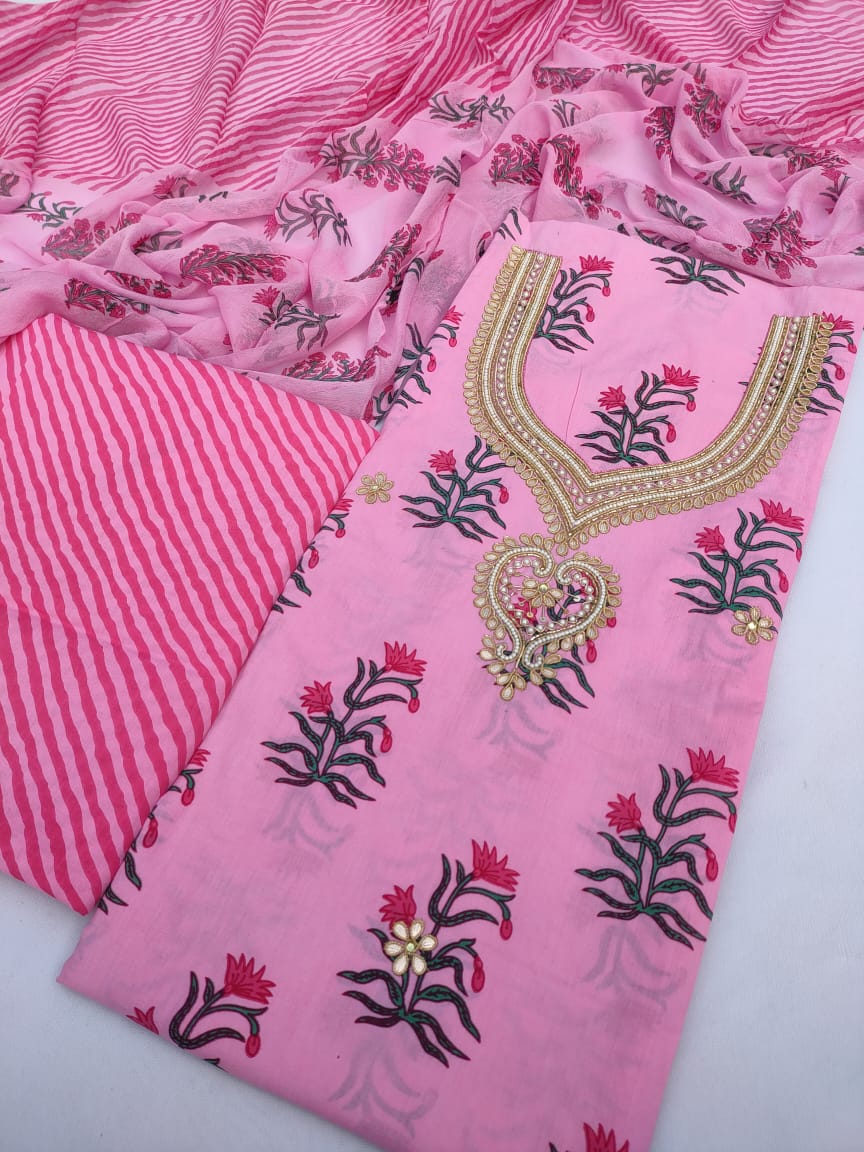 Jaipuri Cotton Hand Block Printed Neck work Suit with Chiffon Dupatta- JBGP124