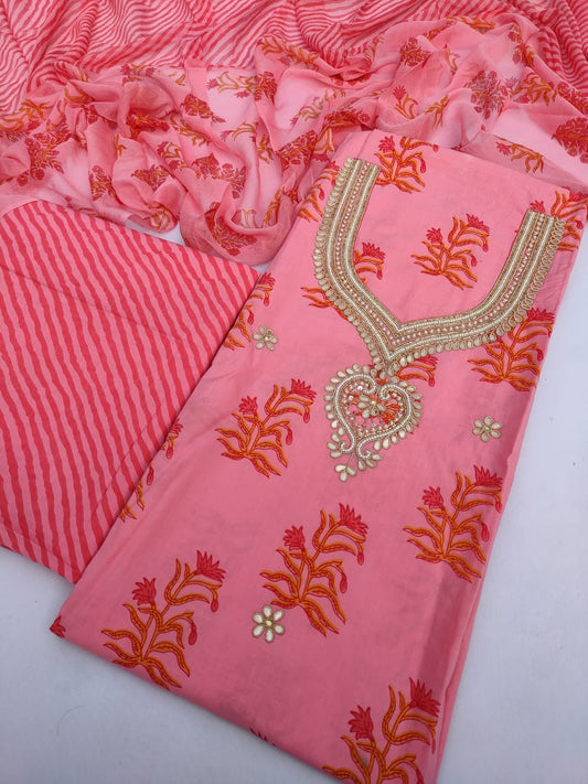 Neck work Cotton Hand Block Printed Salwar Suit Set With Chiffon Dupatta- JBGP122