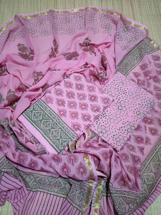 Hand Block Printed Cotton Zari Border Salwar Suit Set With Cotton/Mulmul Dupatta - JBXZBS84