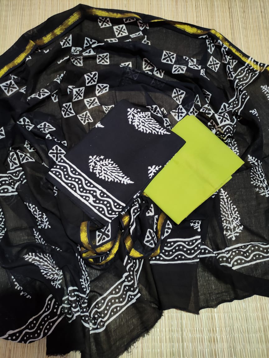 Hand Block Printed Cotton Zari Border Salwar Suit Set With Cotton/Mulmul Dupatta - JBXZBS79