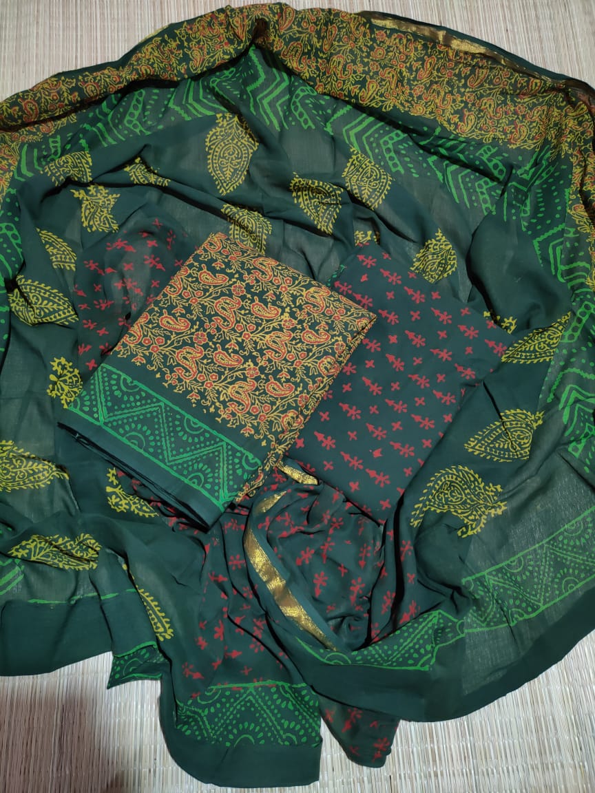 Hand Block Cotton Zari Border Salwar Suit Set With Cotton/Mulmul Dupatta - JBXZBS80