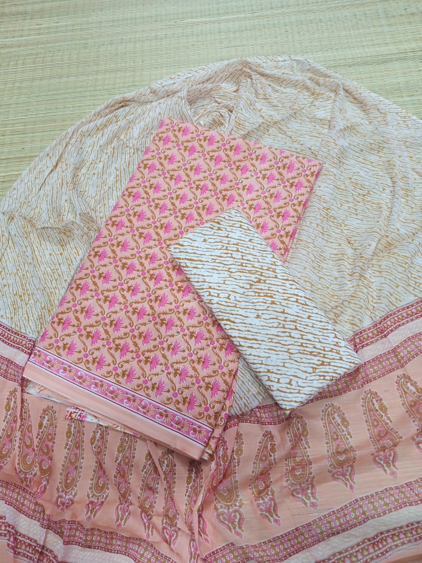 Hand Block Pure Cotton Unstitched Salwar Suit With Chiffon Dupatta - JB337