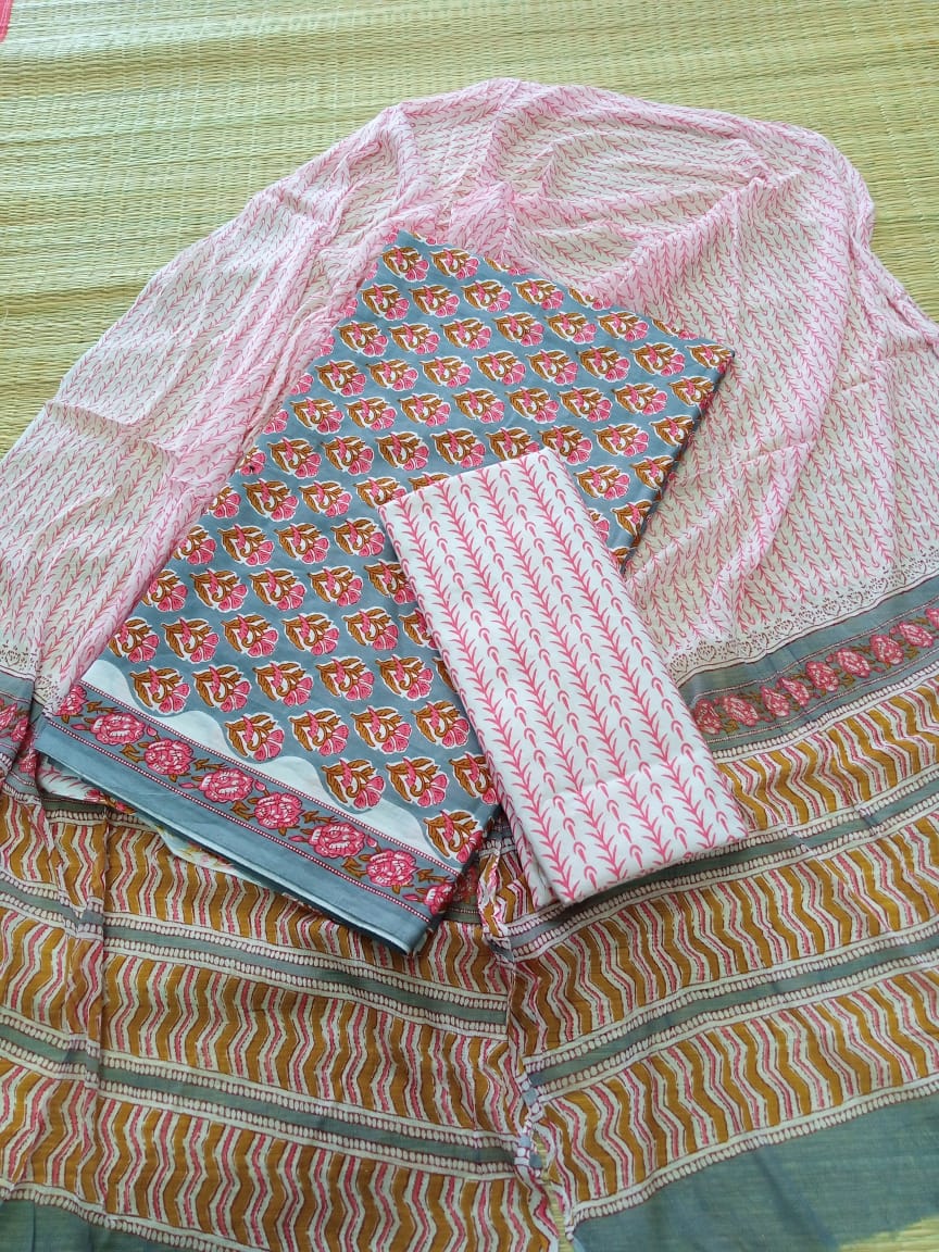Hand Block Pure Cotton Unstitched Salwar Suit With Chiffon Dupatta - JB347