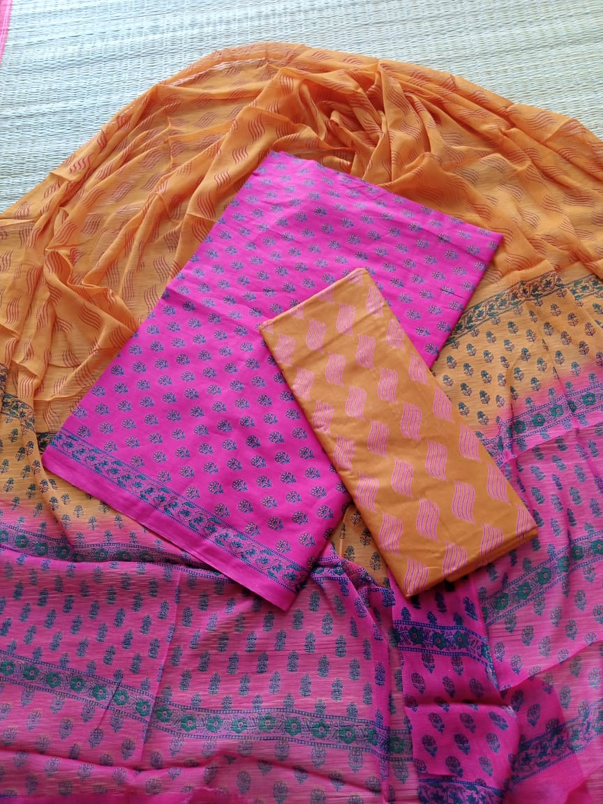 Pure Cotton Hand Block Printed Unstitched Salwar Suit With Chiffon Dupatta - JB348