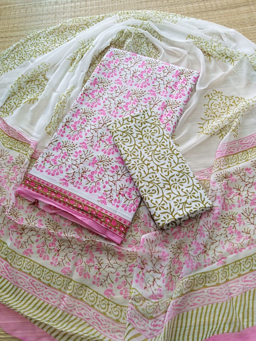Jaipuri Hand Block Printed Pure Cotton Unstitched Salwar Suit with Chiffon Dupatta - JB349