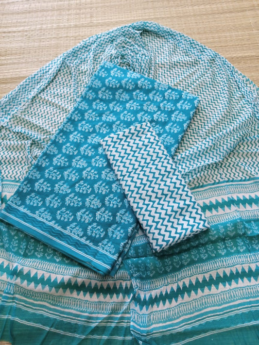 Hand Block Printed Unstitched Pure Cotton Suit Set With Chiffon Dupatta - JB351