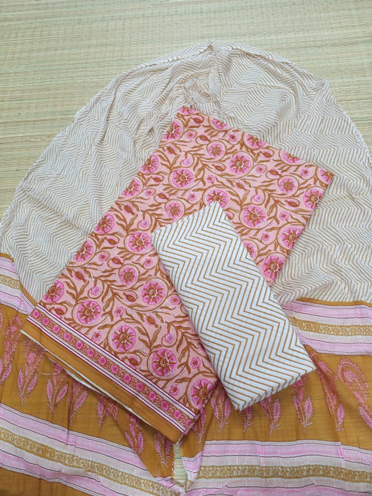 Hand Block Pure Cotton Unstitched Salwar Suit With Chiffon Dupatta - JB352