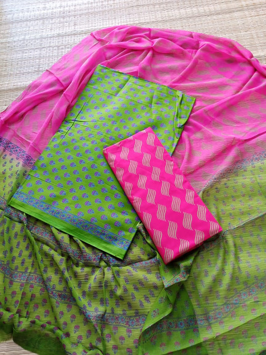 Pure Cotton Hand Block Printed Unstitched Salwar Suit With Chiffon Dupatta - JB353