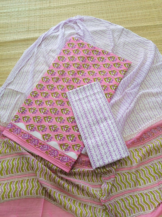 Jaipuri Hand Block Printed Pure Cotton Unstitched Salwar Suit with Chiffon Dupatta - JB354