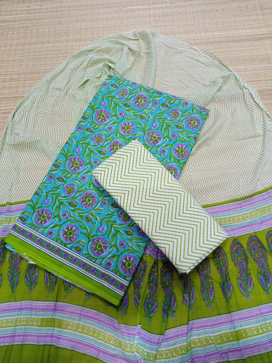 Jaipuri Unstitched Dress Material Hand Block Printed Pure Cotton Suit With Chiffon Dupatta - JB355
