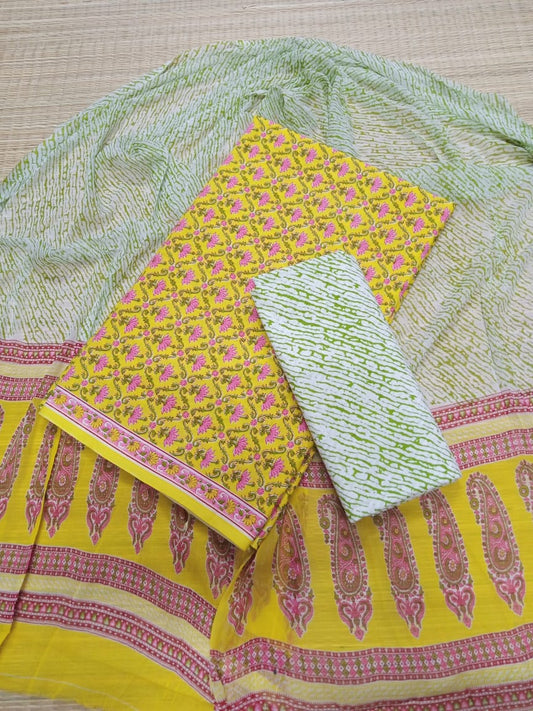 Pure Cotton Hand Block Printed Unstitched Salwar Suit With Chiffon Dupatta - JB338