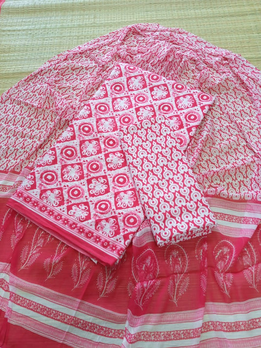 Hand Block Printed Unstitched Pure Cotton Suit Set With Chiffon Dupatta - JB356