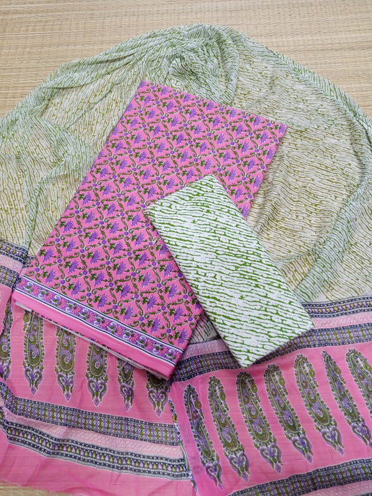 Hand Block Pure Cotton Unstitched Salwar Suit With Chiffon Dupatta - JB357