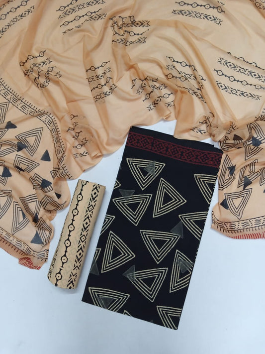 Pure Cotton Hand Block Printed Unstitched Salwar Suit With Chiffon Dupatta - JB358
