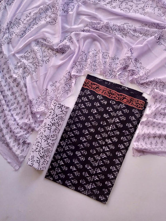 Jaipuri Unstitched Dress Material Hand Block Printed Pure Cotton Suit With Chiffon Dupatta - JB360