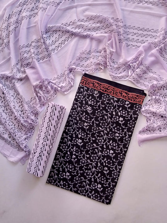 Pure Cotton Hand Block Printed Unstitched Salwar Suit With Chiffon Dupatta - JB363