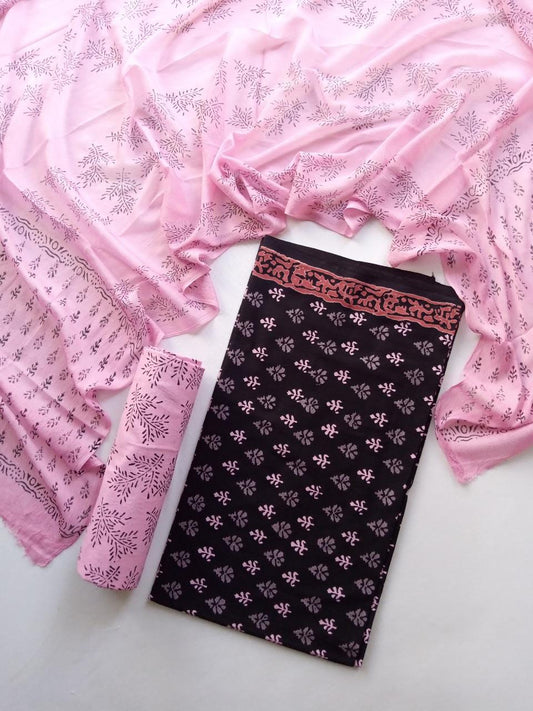 Jaipuri Unstitched Dress Material Hand Block Printed Pure Cotton Suit With Chiffon Dupatta - JB370