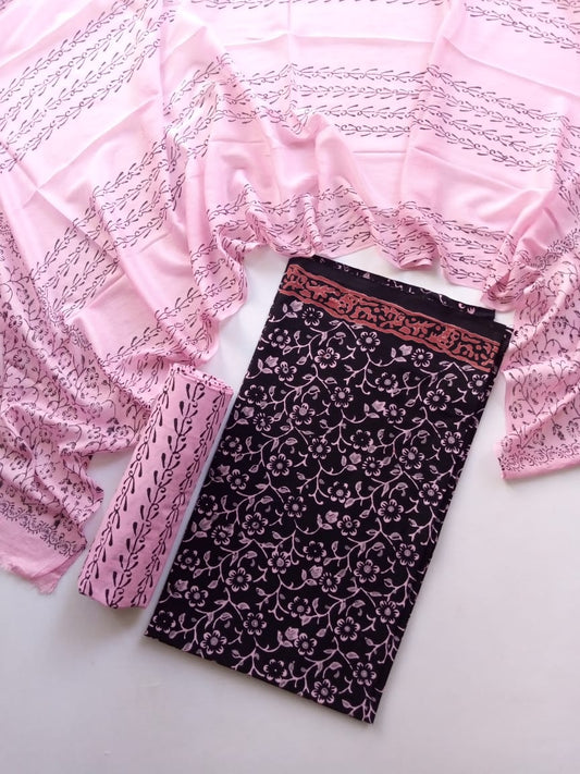 Hand Block Printed Unstitched Pure Cotton Suit Set With Chiffon Dupatta - JB371