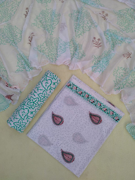 Hand Block Printed Unstitched Pure Cotton Suit Set With Chiffon Dupatta - JB376