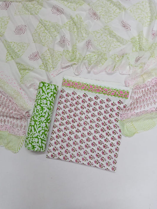 Hand Block Printed Unstitched Pure Cotton Suit Set With Chiffon Dupatta - JB381